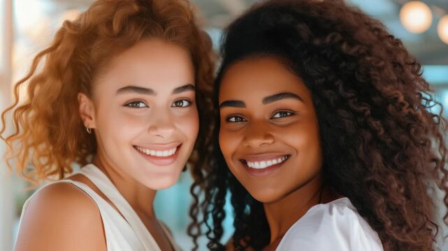 Two smiling women embrace warmly. Their curly hair frames their joyful faces. Soft lighting enhances their natural beauty. Friendly, confident, and effortlessly stylish. Perfect for wellness, fashion