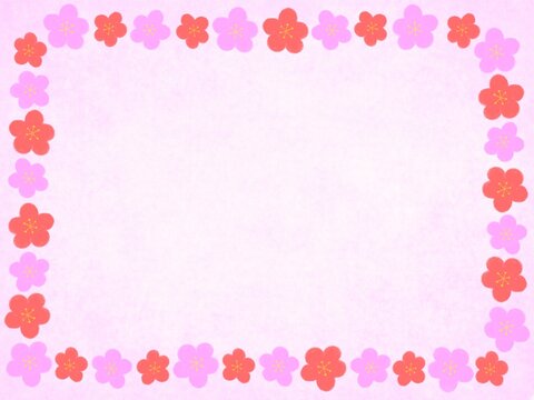 桃色を背景に赤色とピンク色の梅の花のフレームイラスト
