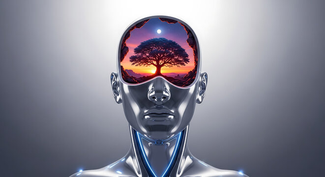 Futuristic android head with a vibrant nature landscape reflected inside its transparent cranial dome, representing artificial intelligence and consciousness.