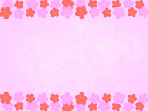 桃色を背景に赤色とピンク色の梅の花が上下に入った背景素材イラスト