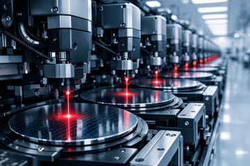 Fototapeta premium Automated laser inspection of semiconductor wafers in fabrication line. Ai generative