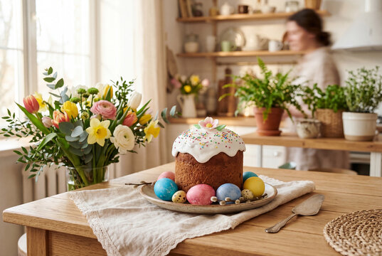 Traditional Easter cake with colorful eggs on rustic kitchen table, festive Easter breakfast with kulich cake, spring flowers and holiday decoration in cozy home kitchen