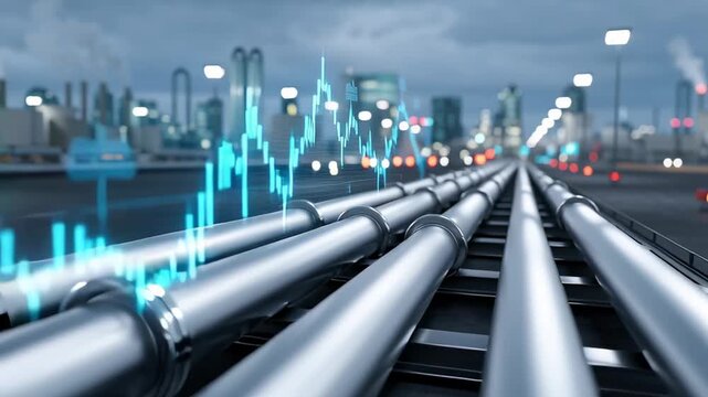 Industrial pipelines with financial chart overlay representing oil and gas prices, energy supply and global commodity market concept