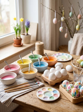 Painting Easter eggs with colorful dyes and brushes on rustic wooden table in bright spring kitchen, DIY Easter egg decorating activity with pastel colors and traditional holiday preparation