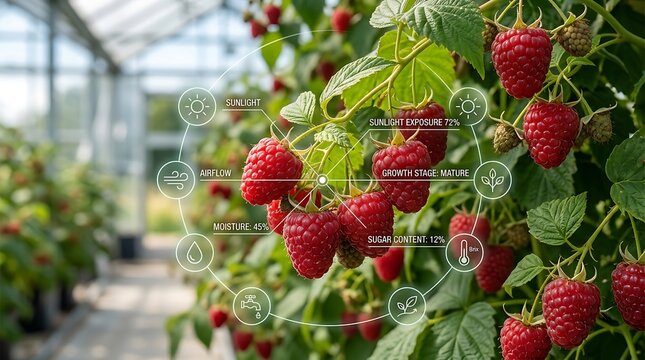 Ripe raspberries growing in greenhouse with data overlay showing sunlight, moisture, airflow, and sugar content for precision agriculture