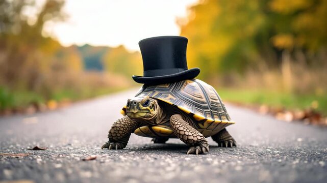 Dapper tortoise wearing a top hat walks on a paved road in autumn