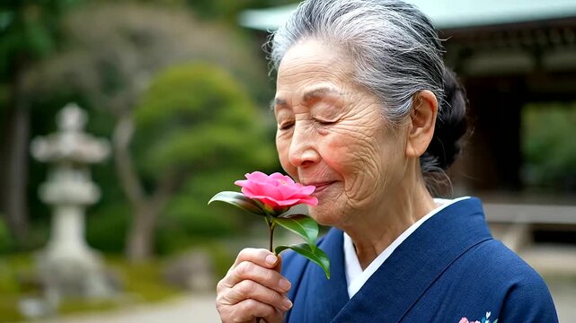 An elderly woman in a kimono finds garden therapy, appreciating a camellia and fostering heart health awareness.