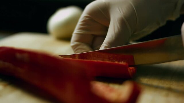 Red Kapia pepper being cut in slices