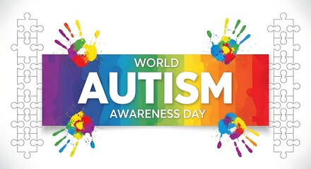 Colorful world autism awareness day banner with handprints and puzzle pieces, vibrant and hopeful mood