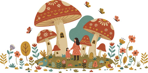 Fototapeta premium Whimsical illustration of children playing near large colorful mushrooms in a magical forest with flowers and butterflies