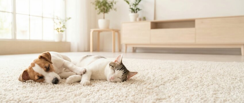 Playful interaction between dog and cat in cozy indoor living space modern home interior comfortable environment warm light pet companionship