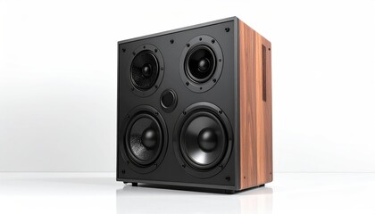 Fototapeta premium Modern rectangular audio speaker with multiple black cones and wood grain sides