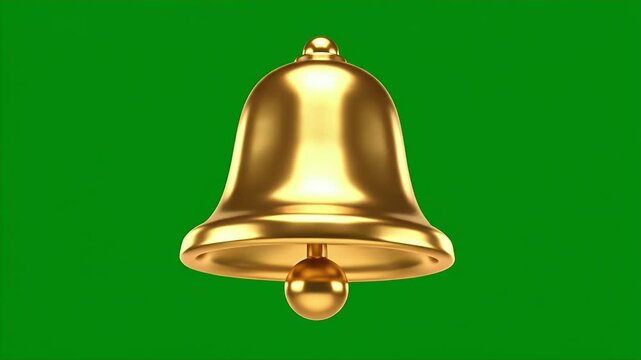 A shiny gold bell with a clapper hangs against a bright green background