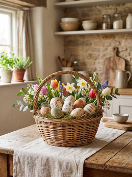 Easter basket with decorated eggs and spring flowers on rustic wooden table in cozy farmhouse kitchen, festive Easter holiday decoration with tulips and daffodils in warm natural light