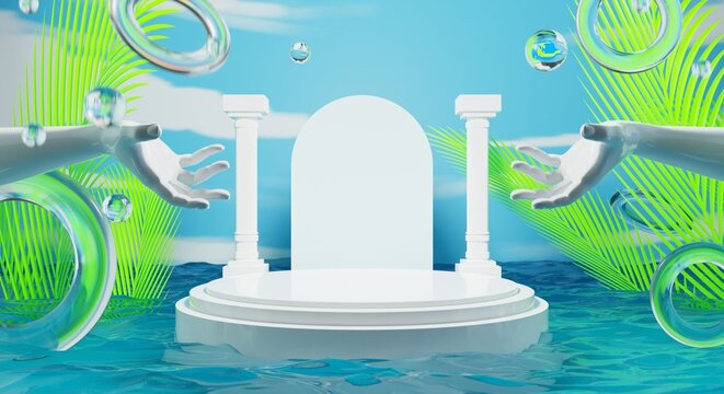 retro-future y2k 2000s frutiger aero aqua web 2.0 gloss with stage podium for product display showcase, 3d illustration rendering abstract background, technology and nature environment concept