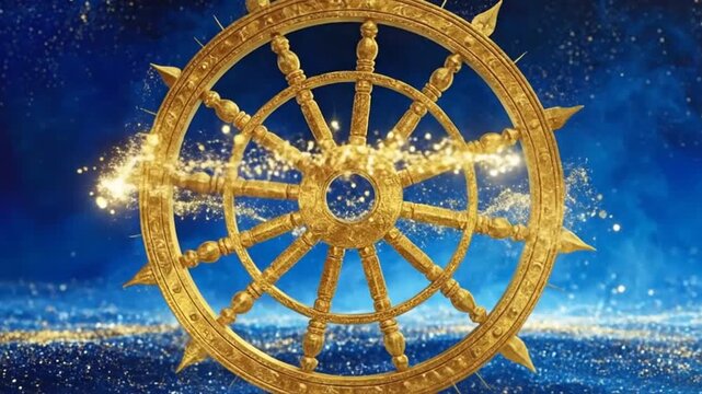 Golden dharma wheel radiating light against a dreamy blue background with sparkling particles.