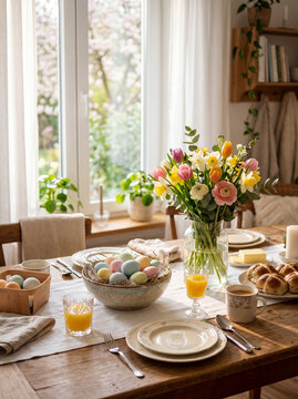 Easter breakfast table with spring flowers and colorful eggs in sunny kitchen