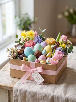 Easter gift box with colorful eggs, spring flowers and chocolate on table
