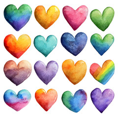 Fototapeta premium Collection of colorful watercolor hearts with varying textures and gradients, representing love, romance, passion, happiness, and lgbtq+ pride on an isolated background