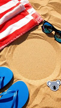 Colorful beach scene featuring blue flip flops, red and white striped towel, sunglasses, and a koala sticker on warm sand with a circular pattern in the center