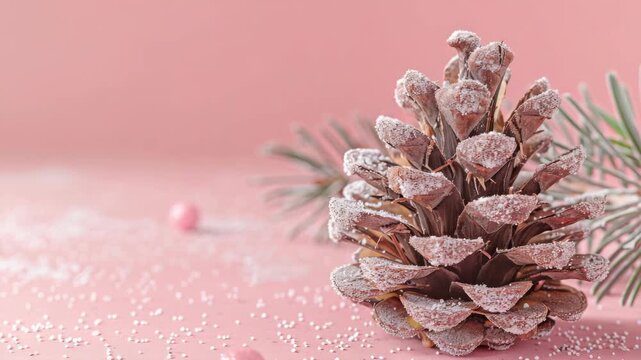 Frosty pinecone rests softly on pink surface. Sparkling snowflakes scatter around the cone. Evergreen needles peek from background softly. Pastel pink backdrop adds gentle charm