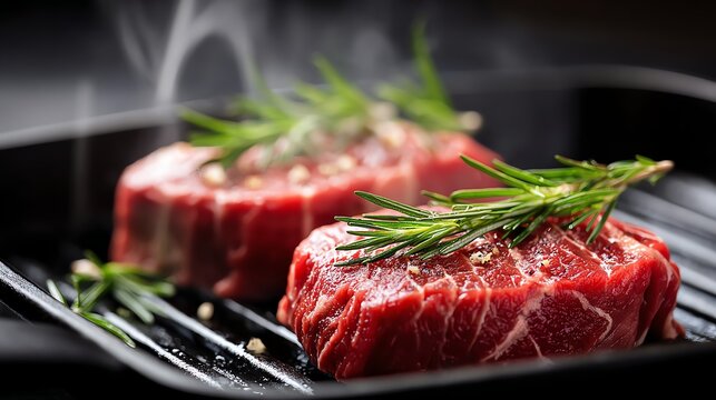 Sizzling steak cuts garnished with fresh herbs, captured in a close-up shot. Perfect for culinary inspirations, cooking articles, and gourmet menus showcasing high-quality meat.