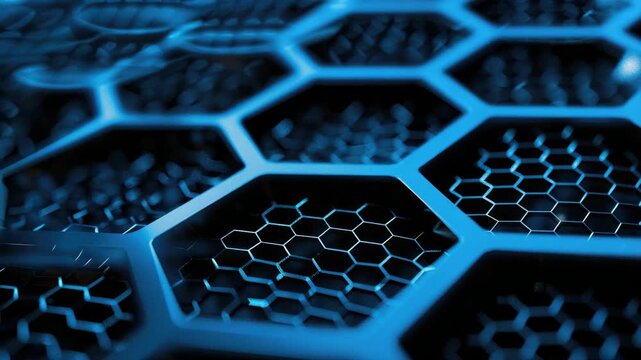Blue hexagonal grid glows with cool light. Metallic pattern features sharp, precise edges. Deep shadows enhance texture and depth. Modern design conveys tech, innovation, or precision