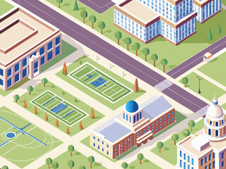 Isometric illustration of a university campus with buildings and outdoor spaces