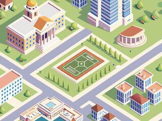 Isometric illustration of a city park with a soccer field © Suranjan