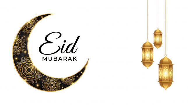 Golden eid mubarak illustration featuring a crescent moon and decorative lanterns on a black background