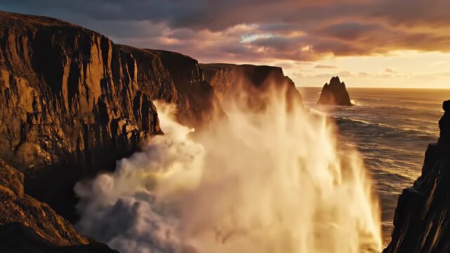 Sunlit rugged coastline with dramatic cliffs and crashing waves at sunset over the ocean