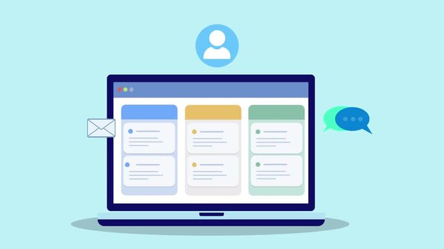 Flat vector animation of laptop task management dashboard with user icon, email envelope, and chat bubble representing business communication, customer messaging, and digital workflow collaboration.