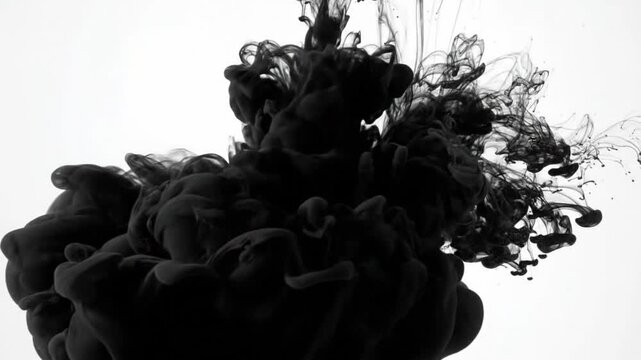 Abstract black ink swirling and dissolving in clear water, creating a dynamic effect.