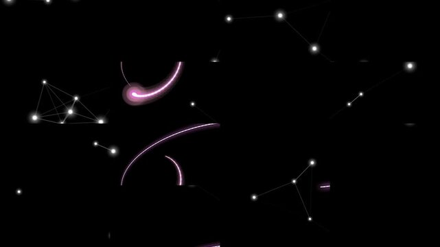 Abstract glowing particles and lines on a dark background, representing a digital network or celestial map