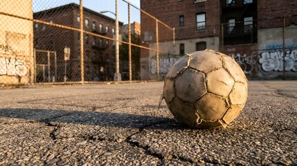 Worn Soccer Ball on Abandoned Court with Graffiti Buildings