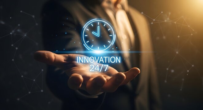 A futuristic concept of automation and digital transformation with a clock and text