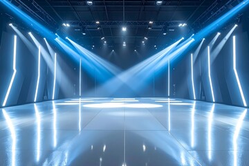 青と白のスポットライトが交差する近未来的なステージ背景