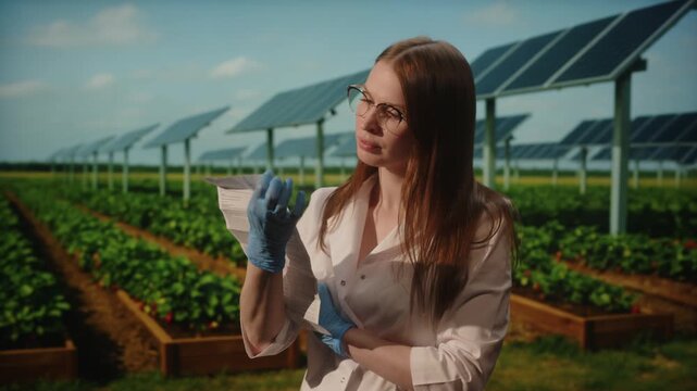 Female agronomist analyzing soil sample at solar powered farm