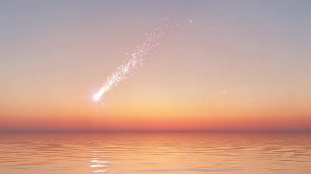 A brilliant comet with a sparkling tail streaks across the gradient sunset sky above a calm, reflective ocean.