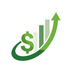 Obraz premium Green dollar sign with growing bar chart and upward arrow