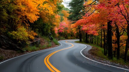 Fototapeta premium Beautifully smooth curving black asphalt road with double yellow lines, winding through a breathtakingly vibrant gorgeous autumn forest.