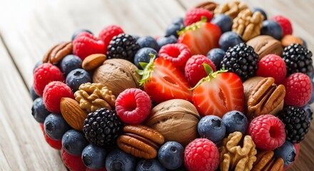 Beautifully crafted heart of fresh, antioxidant-rich berries and protein-packed nuts, a delicious emblem of heart health, mindful nutrition, and vitality for a wholesome lifestyle