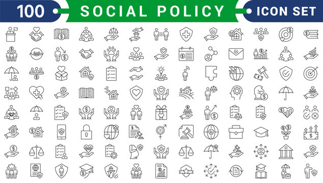 social policy icon set flat style illustration. contain rights advocacy, poverty reduction, accessibility standard, childcare subsidy, disaster relief, minimum wage, pension scheme, labor rights