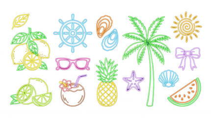 Vibrant neon summer elements vector illustration featuring palm tree pineapple watermelon and tropical vacation icons set against black background