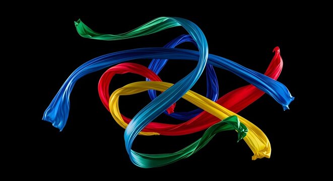 Colorful twisted rubber bands entangled together on a dark isolated background viewed from above