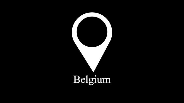 White location pin icon above the word belgium on a black background belgium map marker,with 4k video animation.