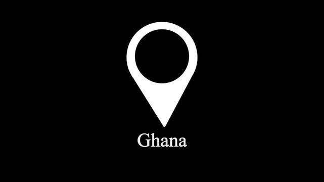 White location pin icon above the word ghana on a black background ghana map marker,with 4k video animation.