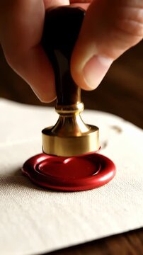 Hand placing a heart-shaped wax seal stamp onto a red wax circle on textured paper, showcasing the intricate details of the sealing process in a warm, rustic setting