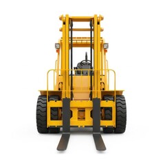 Yellow forklift with black tires and forks on white background