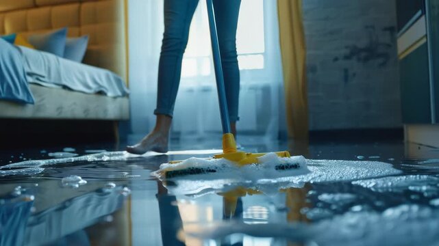 Person mops wet floor with yellow mop head. Dust mop moves across glossy, soapy surface. Reflections show bedroom furniture and window light. Blue jeans and bare feet are visible